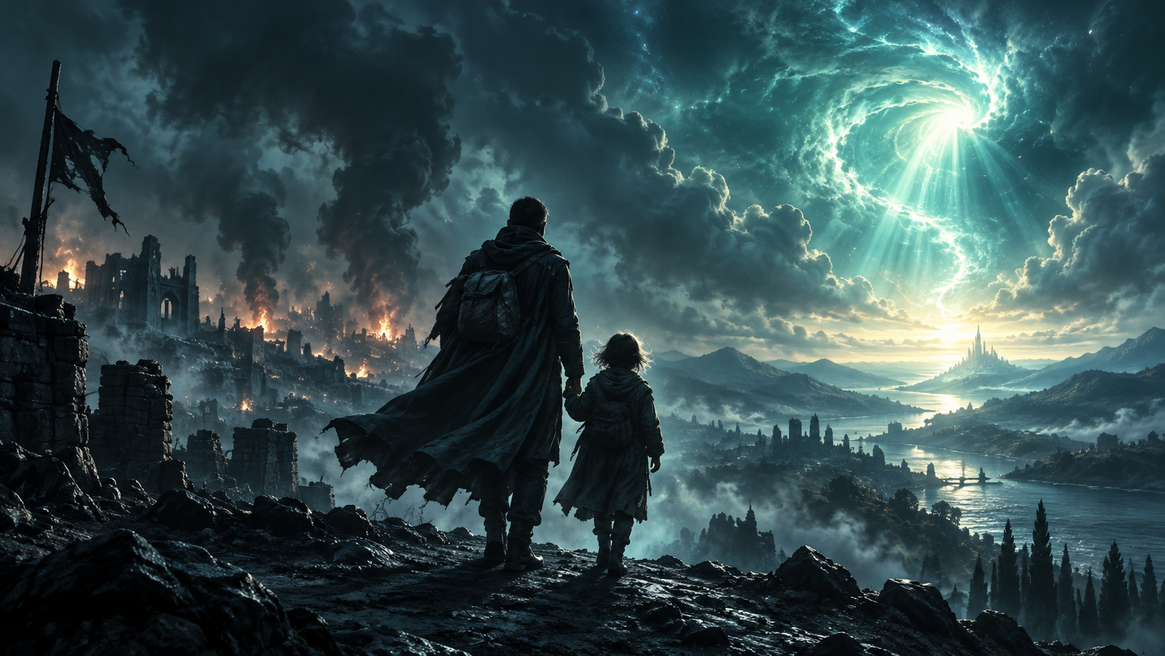 A man and child walking away from a war-torn city toward a distant light, symbolizing inner guidance and a new path.