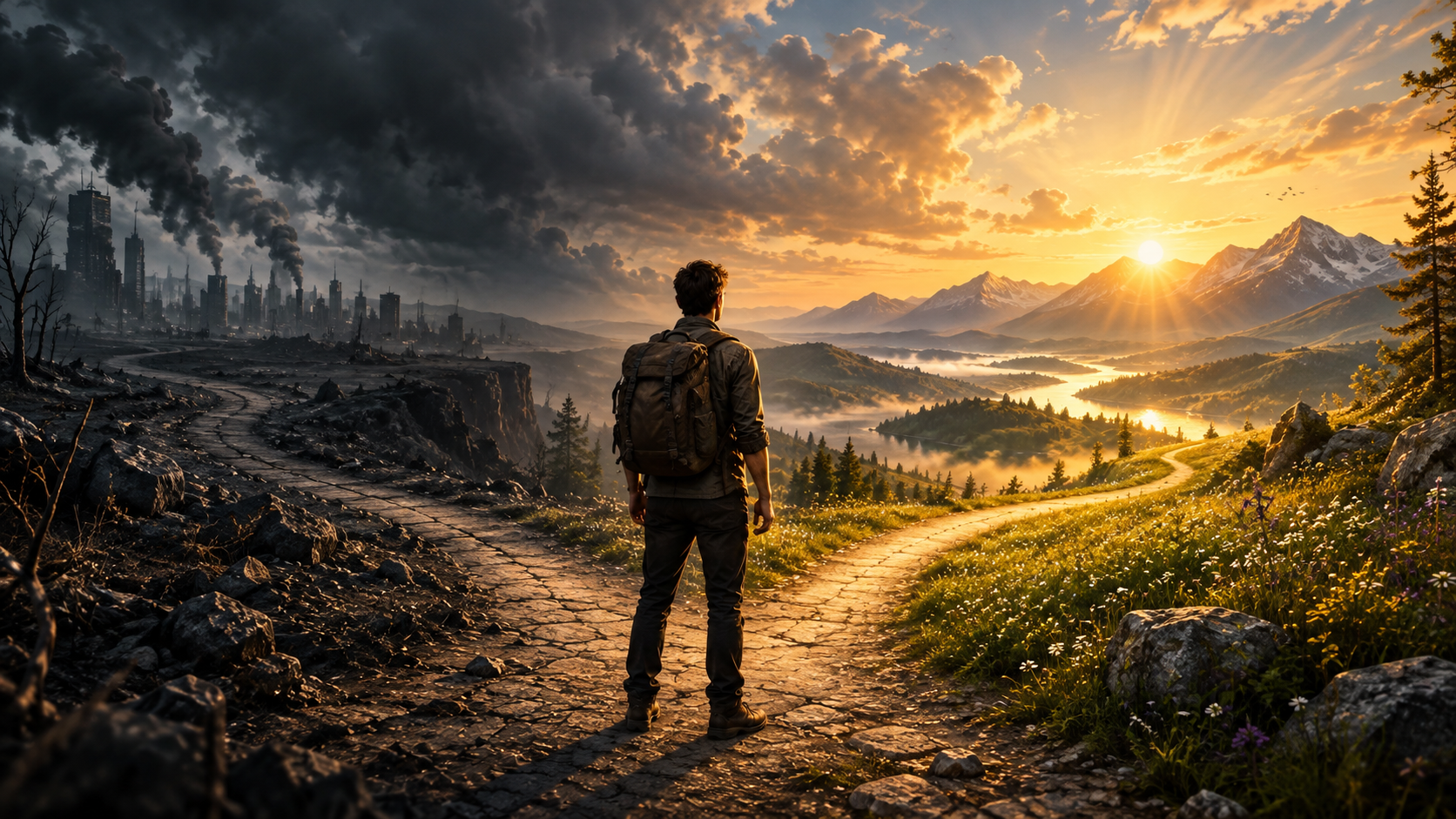 A person stands at a crossroads between a ruined city and a sunlit path through nature.