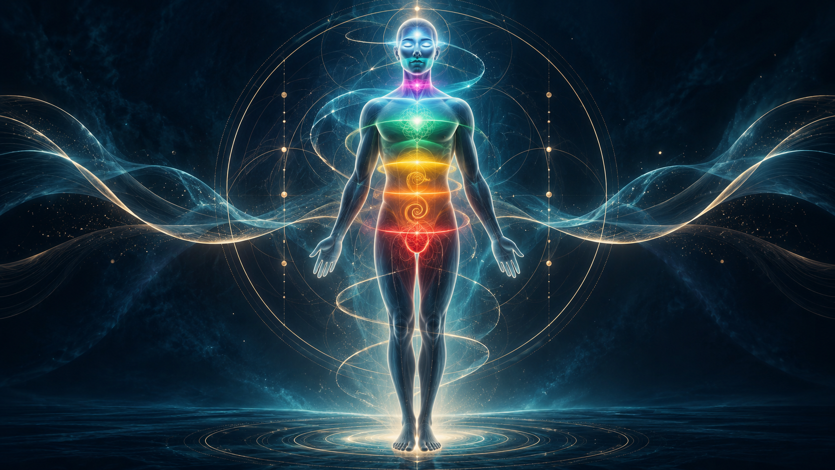 A luminous human figure showing seven energetic zones of the body.