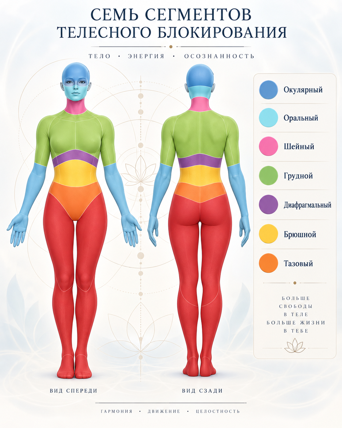 Diagram of Wilhelm Reich’s seven body armor segments, shown from the front and back.